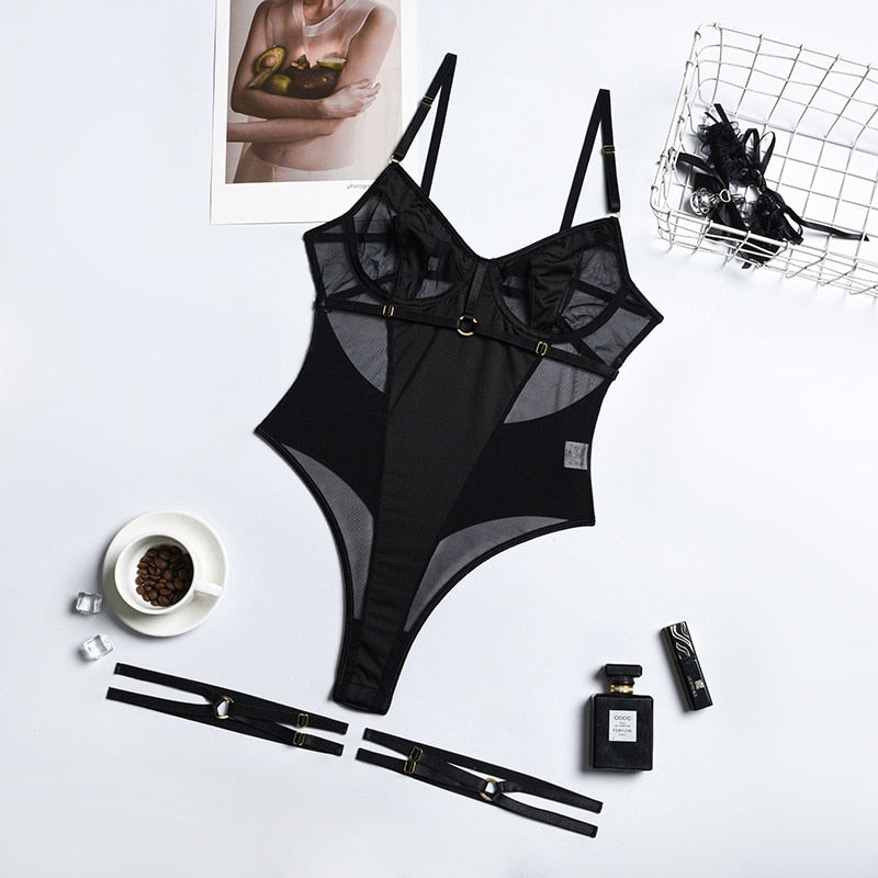Sensual Striped Lace Bodysuit Lingerie